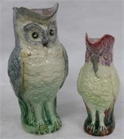 2 MAJOLICA BIRD PITCHERS, 19TH C. OWL 9 3/4" H,