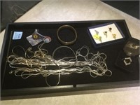 TRAY LOT OF COSTUME JEWELRY - SOME STERLING