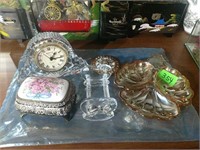 Trinket box, Shannon clock, carnival Glass and