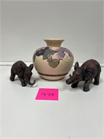 Vtg Portugal Ceriart Pottery Vase & Elephant Pair