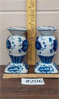 Pair of blue white floral candle holders
