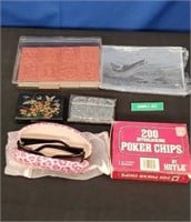 Basket with Mary Kay Sun Glasses,Stamps,misc