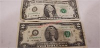 One and two dollar bills same years 13