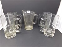 Glass Beer Pitcher & 4 Mugs