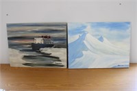 2 SIGNED ACRYLIC PAINTINGS OF SHIP & MOUNTAINS