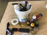 BUCKET OF TIMERS, MASONRY  TOOLS, OIL CAN, MISC