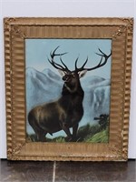 Antique Print of Bull Elk Standing on Hillside