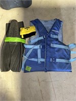 Life jacket, leg weight, scuba fins