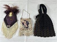 3 antique pouches with accessories