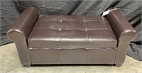 Brown leather storage bench with rolled arms
