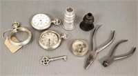 Group of pocket watch items including 19 jewel