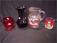 Four colored glass items: 5" red Moon & Stars
