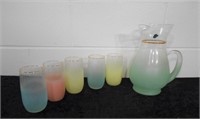West Virginia Frosted Glass Pitcher & 5 Glasses