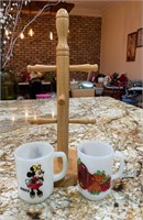 Wooden Mug Tree Holder with Two Vintage Milk