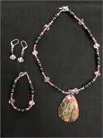 Beaded Jewelry Set with Large Stone Pendant