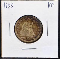 1853 arrows & rays seated liberty quarter
