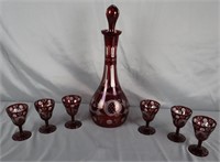 Ruby Cut to Clear Glass Scenic Decanter Set