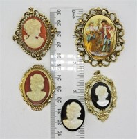 5 Vintage Cameo Brooches/Pendants