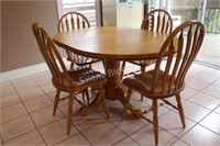 Solid Oak Pedestal Table with Leaf & Four Chairs