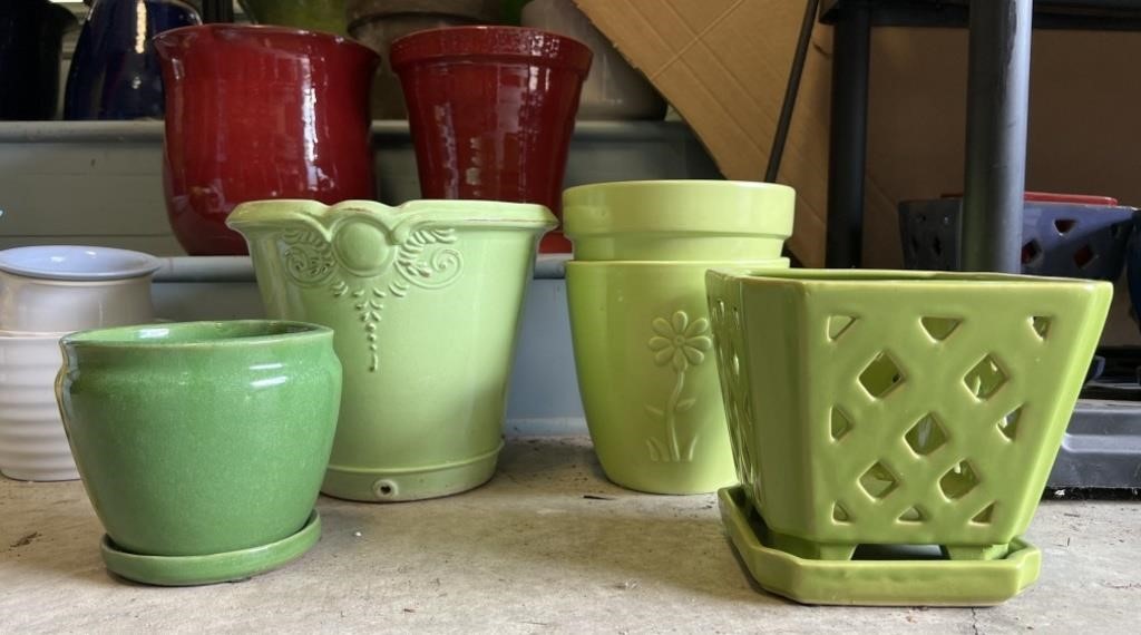 Five Green Pottery Planters