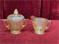 Marigold Carnival Glass Sugar Bowl & Creamer