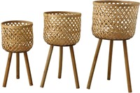 Hand-Woven Round Bamboo Floor Baskets W/ Wood Legs