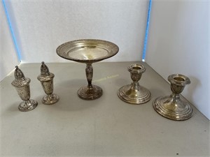 Sterling Dish, Candle Sticks and Salt & Pepper