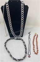 4 Necklaces. Braided - 14",Orange Bead W/butterfly