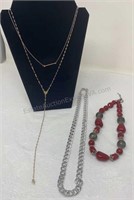 3 Necklaces,Red -14" Silvertone Chain- 24"
