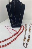 4 Beaded Necklaces Multi Color Bead & Brown