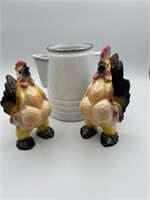 Ceramic Chickens and Vintage Enamel Coffee Pitcher