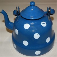 Vtg Granite Ware Blue Polka Dot Tea Pot w/ Bale