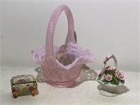 Pink Glass Basket, Porcelain Basket & Trinket Box