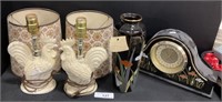 Country Rooster Lamps, Otagiri Vase, Desk Clock.