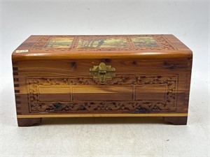 Carved cedar box with Country scene