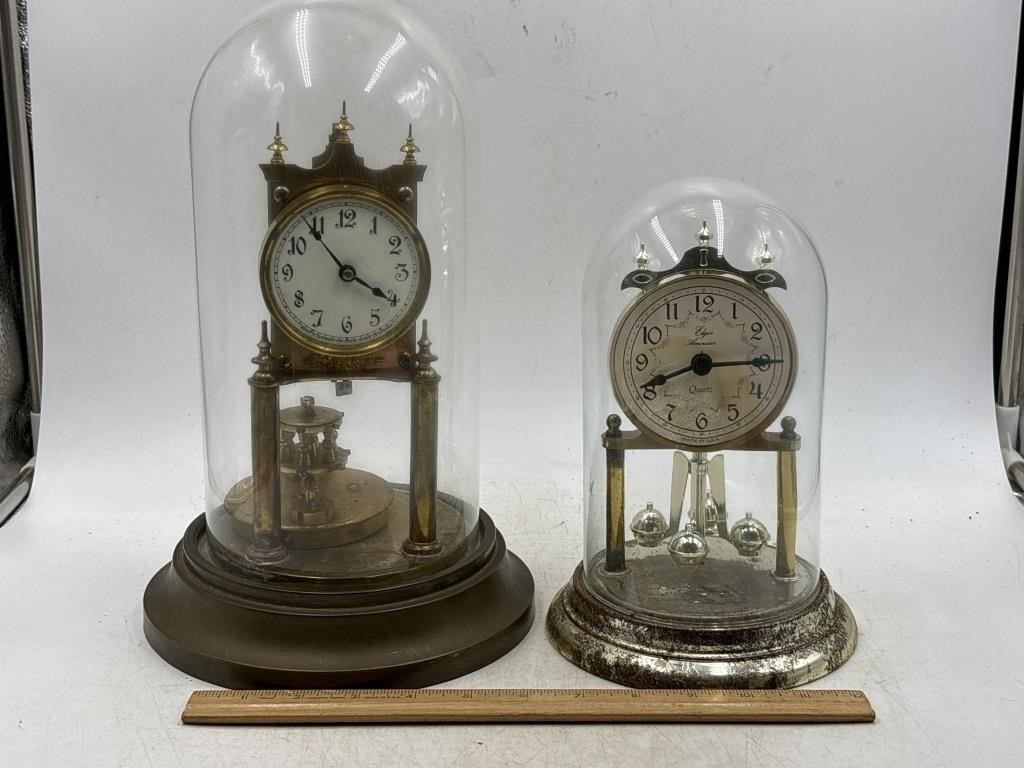 -2 clocks, one brass with glass dome