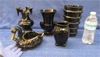 4 various black vases & black swan