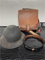 Military hard hat and belt with satchel