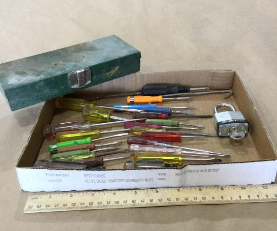 Screwdriver lot w/padlock and mini toolbox