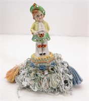 Jeweled Porcelain Boy Figurine on Fringed Duster