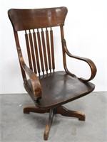 Antique Swivel Wood Office Chair w/Slat Back