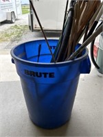 Brute Trash Can with misc hand tools