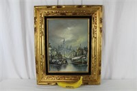 Artist Signed French Harbor Cityscape Oil Painting