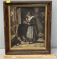 Victorian Genre Woman & Cat Oil Painting on Canvas