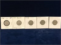 1956, 57, 58, 59, 60 Canadian Nickels VF20 to EF40