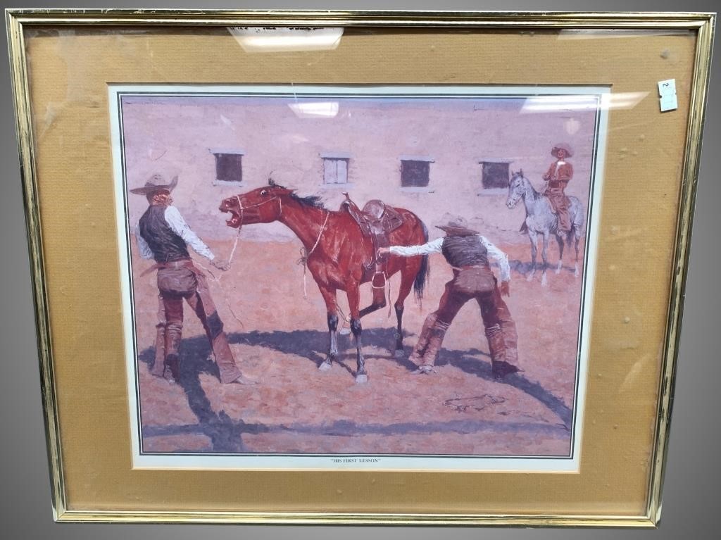 Frederic Remington print, unsigned, "His First Les