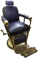 ORNATE ANTQ. BRASS & PORCELAIN BARBER CHAIR.