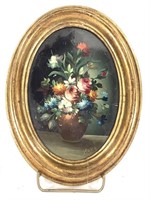 Italian Floral Painting on Board, Framed 9"H