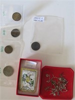 STERLING EARRING PIECES, VINTAGE COINS, STAMP