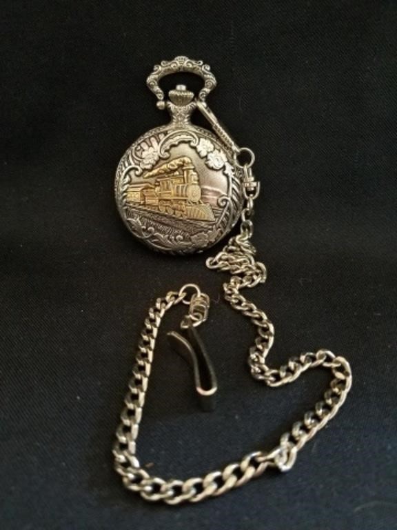 Ornate Steam Engine Pocket Watch with Chain Clip,
